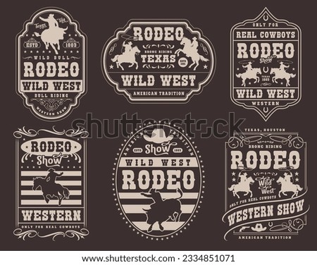 Western show monochrome set flyers with cowboys on horses and cows and rodeo Texas or wild west slogans vector illustration