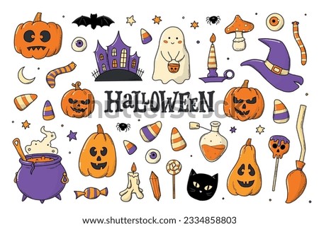 set of halloween doodles, cartoon elements, clip art isolated on white background. Good for prints, cards, stickers, signs, sublimation, scrapbooking, etc. EPS 10 Royalty-Free Stock Photo #2334858803