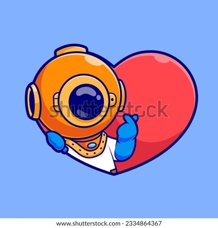 Cute Diver Love Heart Sign Cartoon Vector Icon Illustration. Science Holiday Icon Concept Isolated Premium Vector. Flat Cartoon Style