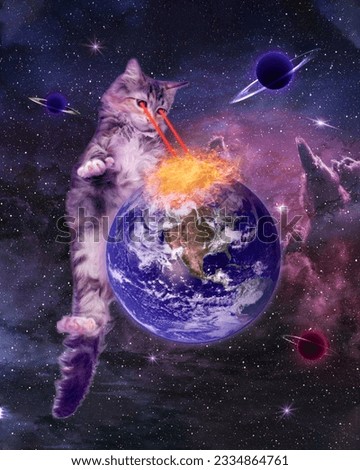 Contemporary art collage. Cat flying in cosmos, looking on earth planet with neon colored laser. New life beyond. Concept of animal theme, surrealism, fantasy and imagination. Creative design, ad Royalty-Free Stock Photo #2334864761