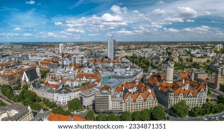The drone aerial view of Leipzig, Germany. Leipzig is the largest city in the German federal state of Saxony, it is the economic centre of the region.  Royalty-Free Stock Photo #2334871351