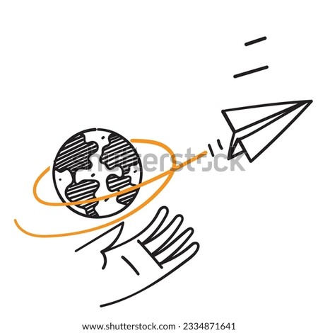 hand drawn doodle paper plane flying on world map illustration vector Royalty-Free Stock Photo #2334871641