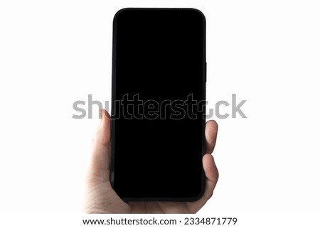 A hand holding a smartphone with a black display for a mockup design on a white background