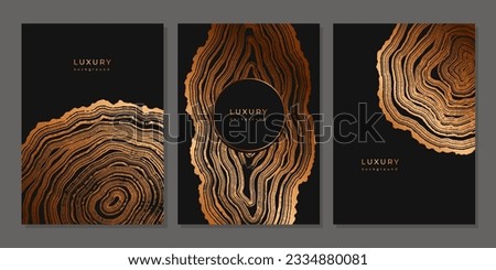 Set of templates. Luxury golden background with wood annual rings texture. Banner with tree ring pattern. Stamp of tree trunk in section. Natural wooden concentric circles. Black and bronze background Royalty-Free Stock Photo #2334880081