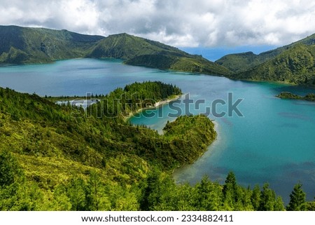 "Lagoa do Fogo" translates to "Fire Lagoon" on the Azores Island of São Miguel, Portugal. Crater lake within the Agua de Pau Massif stratovolcano. Azores, Portugal. Royalty-Free Stock Photo #2334882411