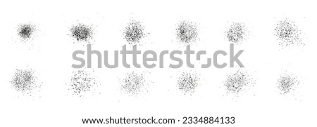Grunge Ink Splatter Set. Noise Effect Collection. Round Spray Texture, Dirty Pattern. Black Halftone Stain. Abstract Design Element. Circle Grainy Brush Paint Splash. Isolated Vector Illustration. Royalty-Free Stock Photo #2334884133