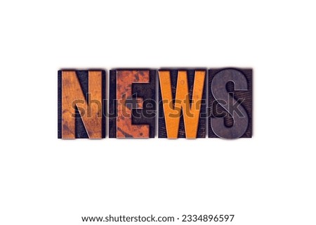 The word -News- written in isolated vintage wooden letterpress type on a white background.