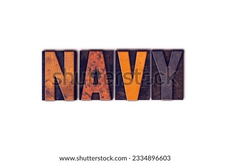 The word -Navy- written in isolated vintage wooden letterpress type on a white background.