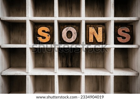 The word -SONS- written in vintage ink stained wooden letterpress type in a partitioned printer-s drawer.