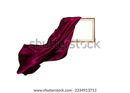 Deep red satin fabric, unveiling a golden frame, motion blur levitating isolated on white background, luxury backdrop for product display, 