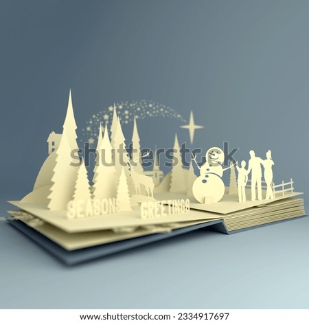 Pop-Up Book - Christmas Story. Styled 3D pop-up book with a chrsitmas theme including a family building a snowman, winter forest and stars. Illustration.