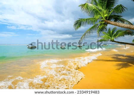 Boats in the ocean near sandy beach and palm trees