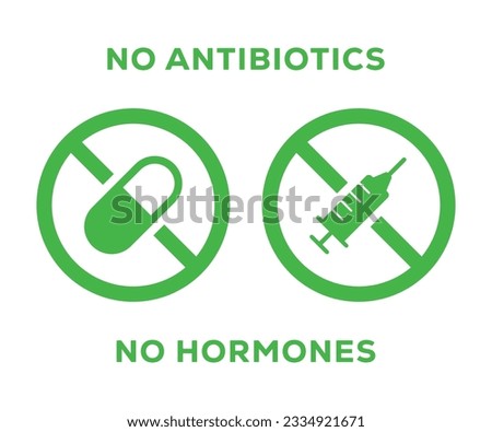 No antibiotics food label stamp, hormones free farm grown chicken and beef or pork meat vector logo. Natural healthy antibiotics free products certificate seal Royalty-Free Stock Photo #2334921671