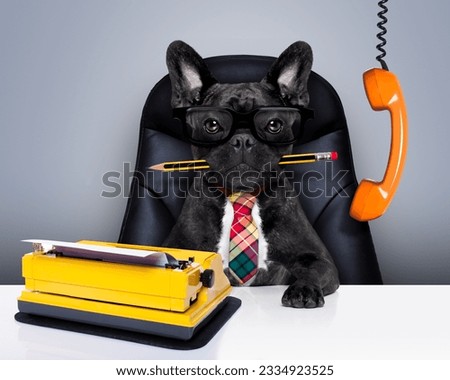 office businessman french bulldog dog as boss and chef , with typewriter as a secretary, sitting on leather chair and desk, in need for vacation