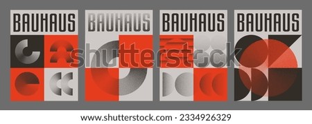 Set Of Cool Abstract Geometric Posters. Bauhaus Halftone Shape Vector Design. Retro Geometrical Placard. Textured Shapes. Royalty-Free Stock Photo #2334926329