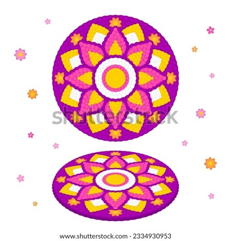 Floral rangoli (pookalam) for Onam, Indian holiday in Kerala. Top view and isometric perspective. Vector clip art illustration. Royalty-Free Stock Photo #2334930953
