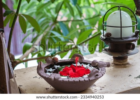 spiritual holy water with hibiscus flower kept for birds at home entrance from different angle