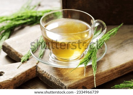 Horsetail tea or extract in glass cup with fresh leaf on wooden rustic background, closeup, natural treatment for hair and skin care, source of silica, detox and bone osteoporosis remedy Royalty-Free Stock Photo #2334966739