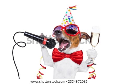 jack russell dog celebrating new years eve with champagne and singing karaoke with a microphone, isolated on white background