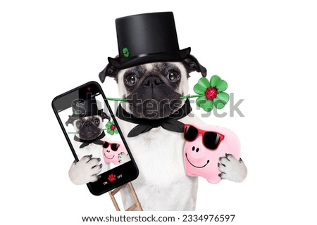pug dog as chimney sweeper with four leaf clover taking a selfie and toasting for new years eve, isolated on white background