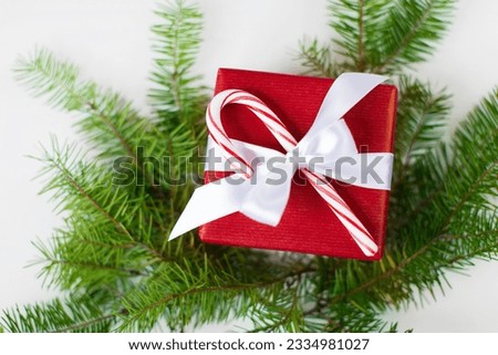 christmas theme with nicely wrapped present decorated with candy cane and christmas tree branch, isolated