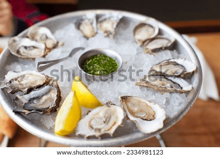 fresh raw opened oysters served at ice with lemon