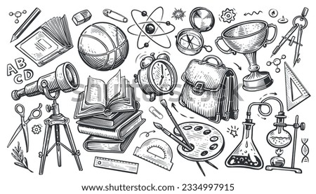 Set of school supplies. Vector illustration in hand drawn doodle style. Back to school, concept