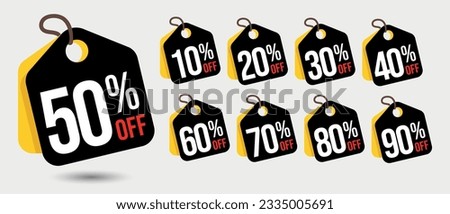 Discount Tags 10% 20% 30% 40% 50% 60% 70% 80% and 90% Off. In black and yellow Royalty-Free Stock Photo #2335005691
