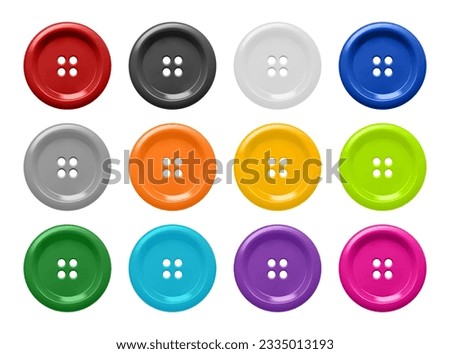 Vector 3d Realistic Buttons for Clothes Icon Set Closeup Isolated. Fashion, Art, Needlework, Sewing, Scrapbooking Decor. Round Clothes Button Collection, Front View Royalty-Free Stock Photo #2335013193