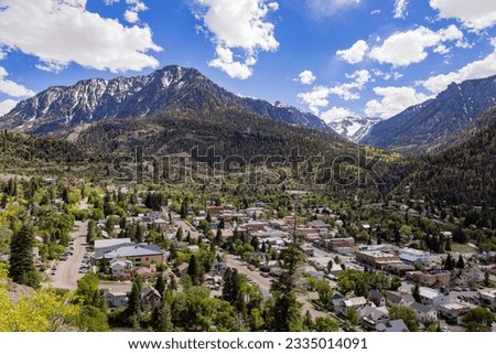Sunny high angle view of the Ouray town at Colorado