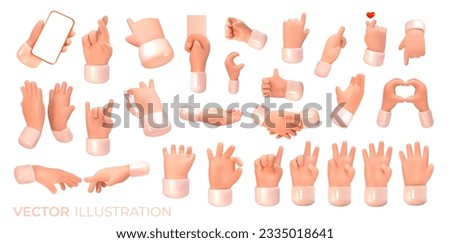 3d hands in different positions. From different sides. Gesturing. Set of hands in different gestures. Vector illustration