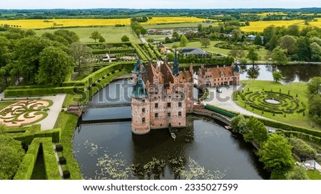 Aerial view, Denmark, Region Syddanmark, Kværndrup, Egeskov Castle with park, Renaissance garden Royalty-Free Stock Photo #2335027599