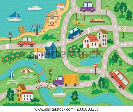 Road map of my city. Roads and streets with cute cars and buses, beach and sea, attractions and houses, river and trees. Colorful design for kids play roll mat. Cartoon flat vector illustration