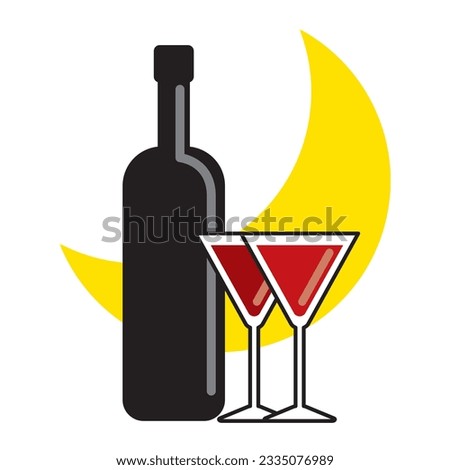 Clip art iicon of two glasses of red wine and wine bottle in front of crescent moon, flat colour design on white background.