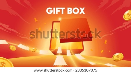 Vector open gift box top view with discount card and coin flying out Royalty-Free Stock Photo #2335107075