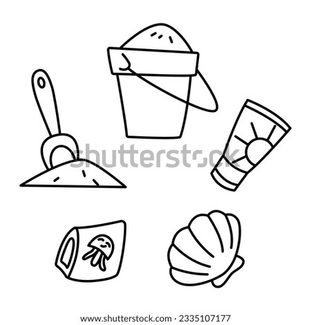 Sand shovel, bucket, sunscreen cream tube, sea shell and children swimmimg armbands. Hand drawn style doodle line drawing. Vacation with kids black and white vector elements on white background.