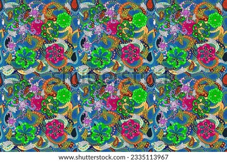Design gift wrapping paper, greeting cards, posters and banner design. Raster flat flowers seamless pattern. Flowers on green, orange and blue colors.