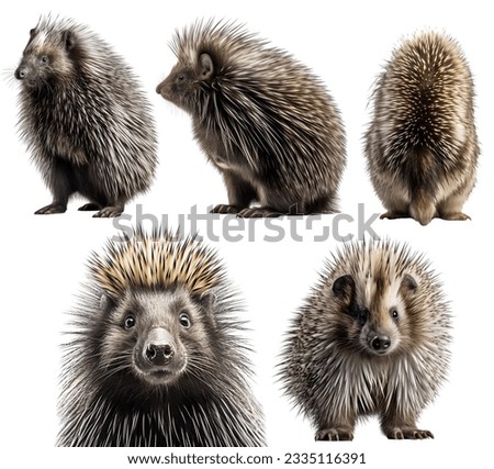 porcupine, many angles and view portrait side back head shot isolated on white background cutout
