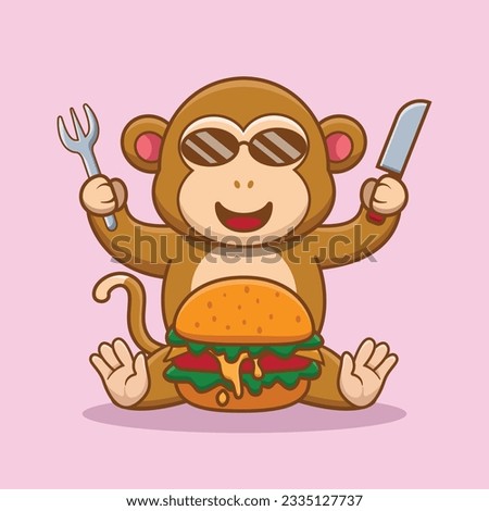 Adorable and Cute Cartoon monkey eat Burger Mascot Logo, Cute Cartoon Logo Animal and Food Mascot Illustration Style, Cute Cartoon Logo Animal and Food Mascot Illustration Design, Cute Sticker Design