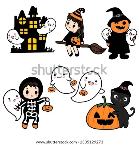 Happy Halloween big collection with kitty character, party garlands, various holiday symbols. Hand drawn painting , clip art graphic elements for creative design, printable decor.