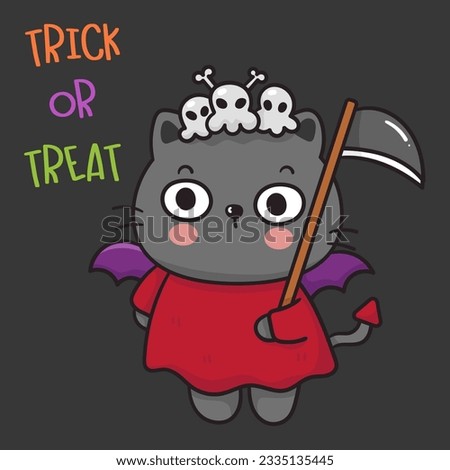 Cat Halloween evil costume baby kitten. Cute Witch cartoon character (Kawaii vector). Trick or treat kids. Perfect make a wish for background, card, pattern, nursery wall and shirt design.