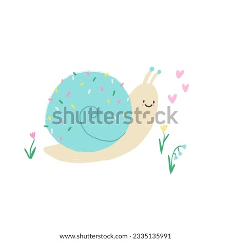 Beautiful kids clip art with cute hand drawn colorful snail. Stock illustration.