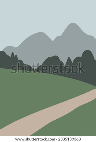 mountain landscape wall art illustration, abstract landscape clipart, vector simple nature background, travel road trip clip art, forest images in flat style, minimal outdoor, digital download print