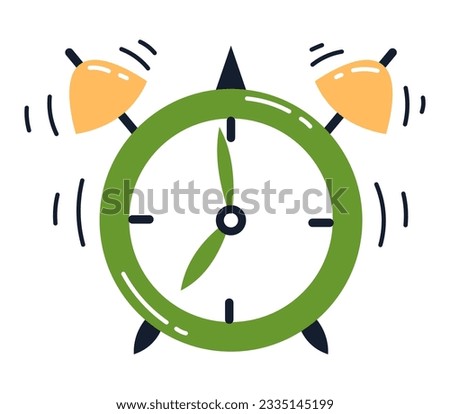Vector illustration of green alarm clock. Waking up. Good morning and deadline concept. Alarm clock ringing.