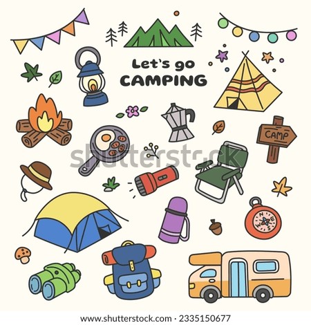 Let's go Camping. Holiday picnic trip. Camping gear set. Set of camping kit vector. Flat cartoon doodle style vector illustration.