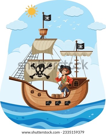 Pirate sail the boat in the sea illustration