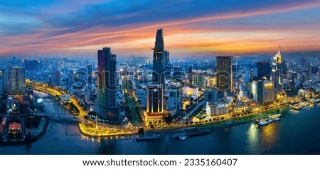 Panoramic of Ho chi minh city or Saigon city at twilight in Vietnam. Royalty-Free Stock Photo #2335160407