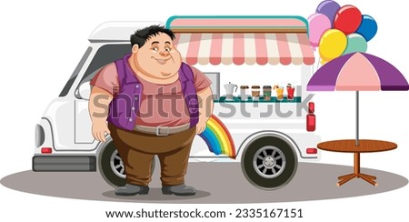 Overweight man in front of ice cream food truck illustration