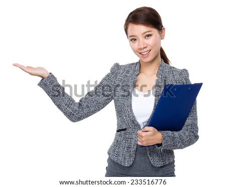 Businesswoman with clipboard and open hand palm