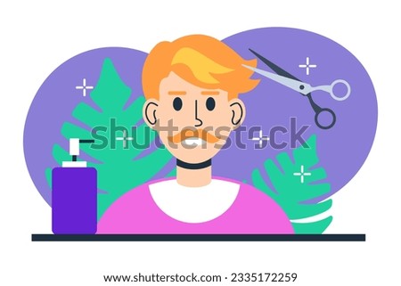 Man in barbershop doing stylish haircut. Hairdresser cut hair for visitor. Professional make fashionable modern hairstyles for client. Flat vector illustration in cartoon style Royalty-Free Stock Photo #2335172259
